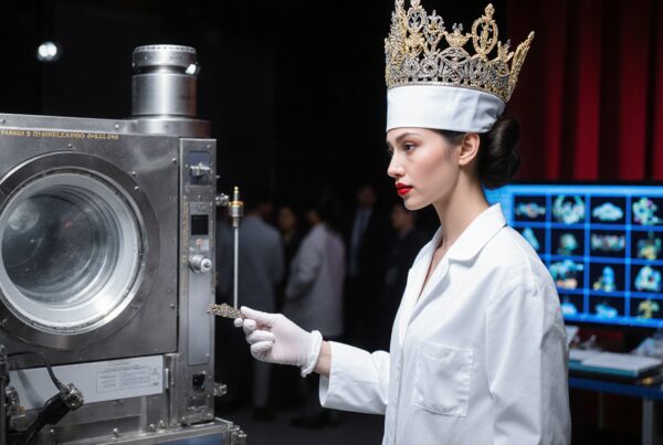 A woman in a crown conducts a scientific procedure in a high-tech laboratory.