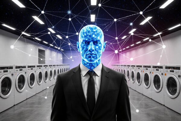 A man with a digital face stands in a futuristic laundromat surrounded by networks.