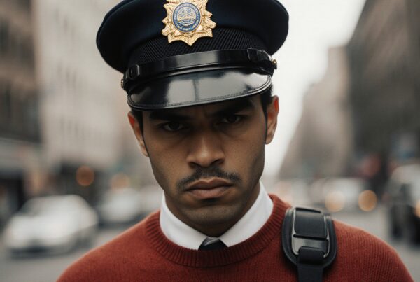 Stern police officer on busy city street.