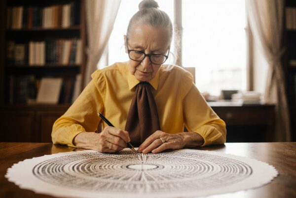 Elderly woman focused on intricate mandala creation.