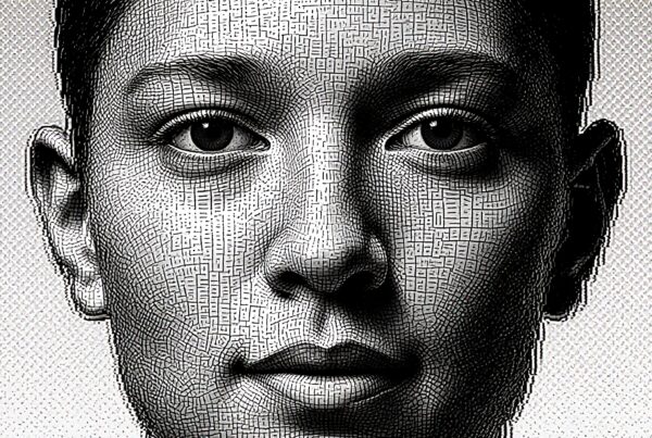 Intricate maze-like design transforming a human face.