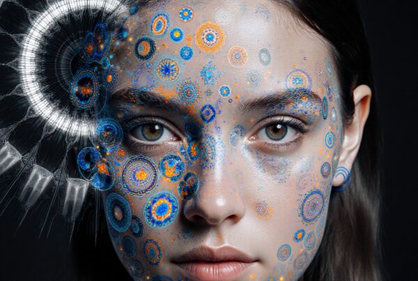Close-up portrait of a woman with colorful, intricate patterns adorning her face, creating a futuristic and artistic effect.