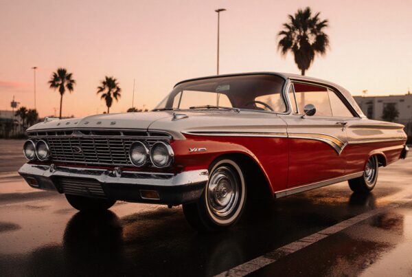 A classic red and white vintage car parked in a sunlit lot with palm trees in the background.