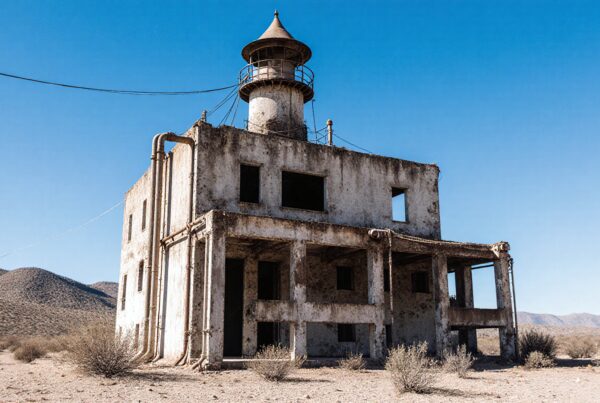Abandoned lighthouse in desert landscape.