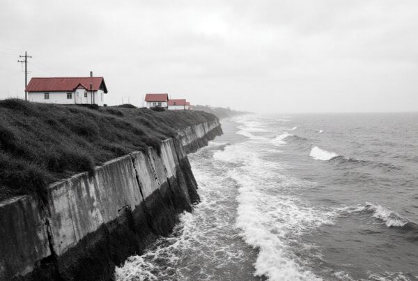 A peaceful coastal scene with houses featuring prominent red roofs, set against a monochrome backdrop of stormy seas and an overcast sky.
