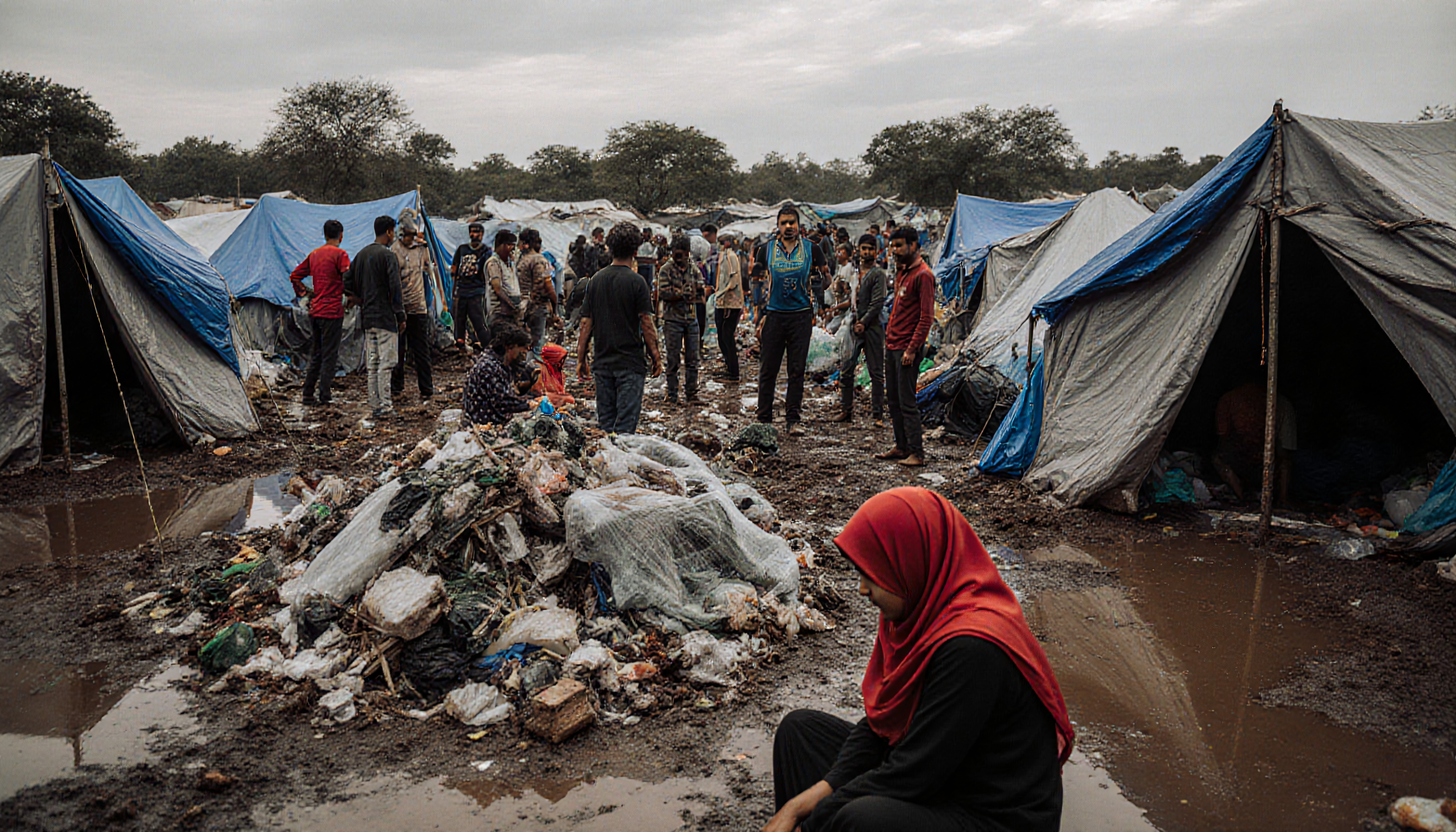 Refugee Camp with Tents and People