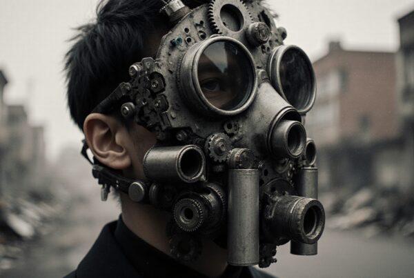 A person wearing a steampunk gas mask with intricate metallic details in a dystopian urban setting.