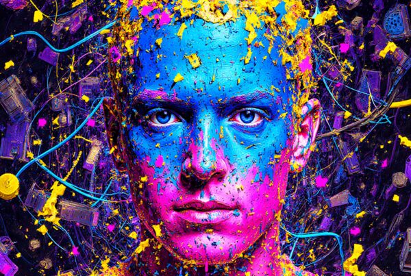 A brightly painted face with colorful splashes and wires symbolizes technology and identity.