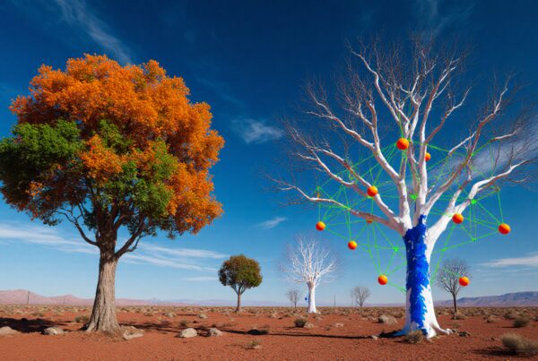 Surreal desert scene with vibrant autumn and artificial trees against a vivid blue sky.