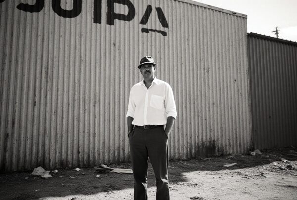 A man in a white shirt and cap stands in front of a corrugated metal wall, embodying a vintage industrial vibe.