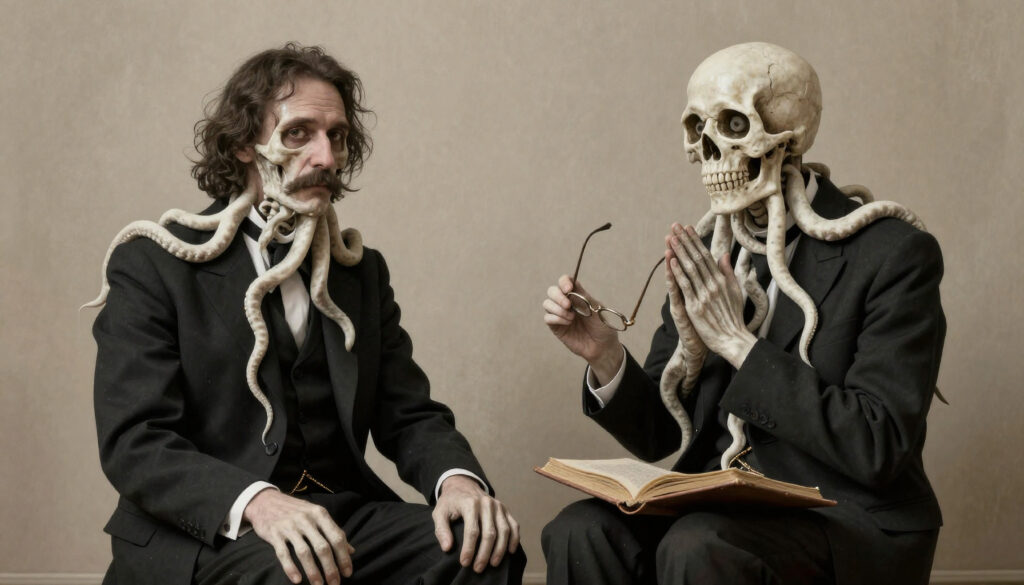 Two Tentacled Humanoid Figures in Formal Attire Discussing