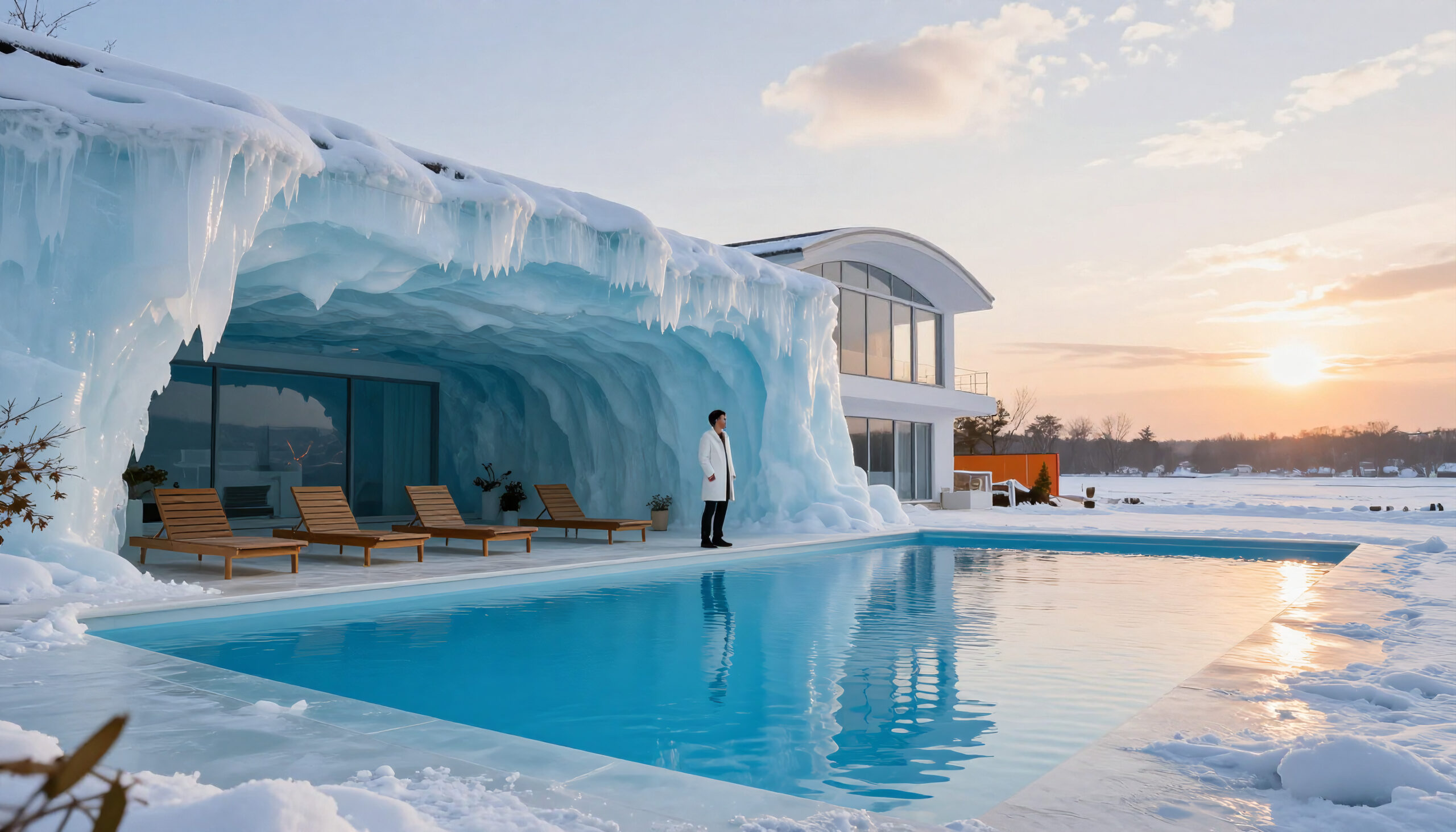 Modern Ice House with Snow-Covered Pool