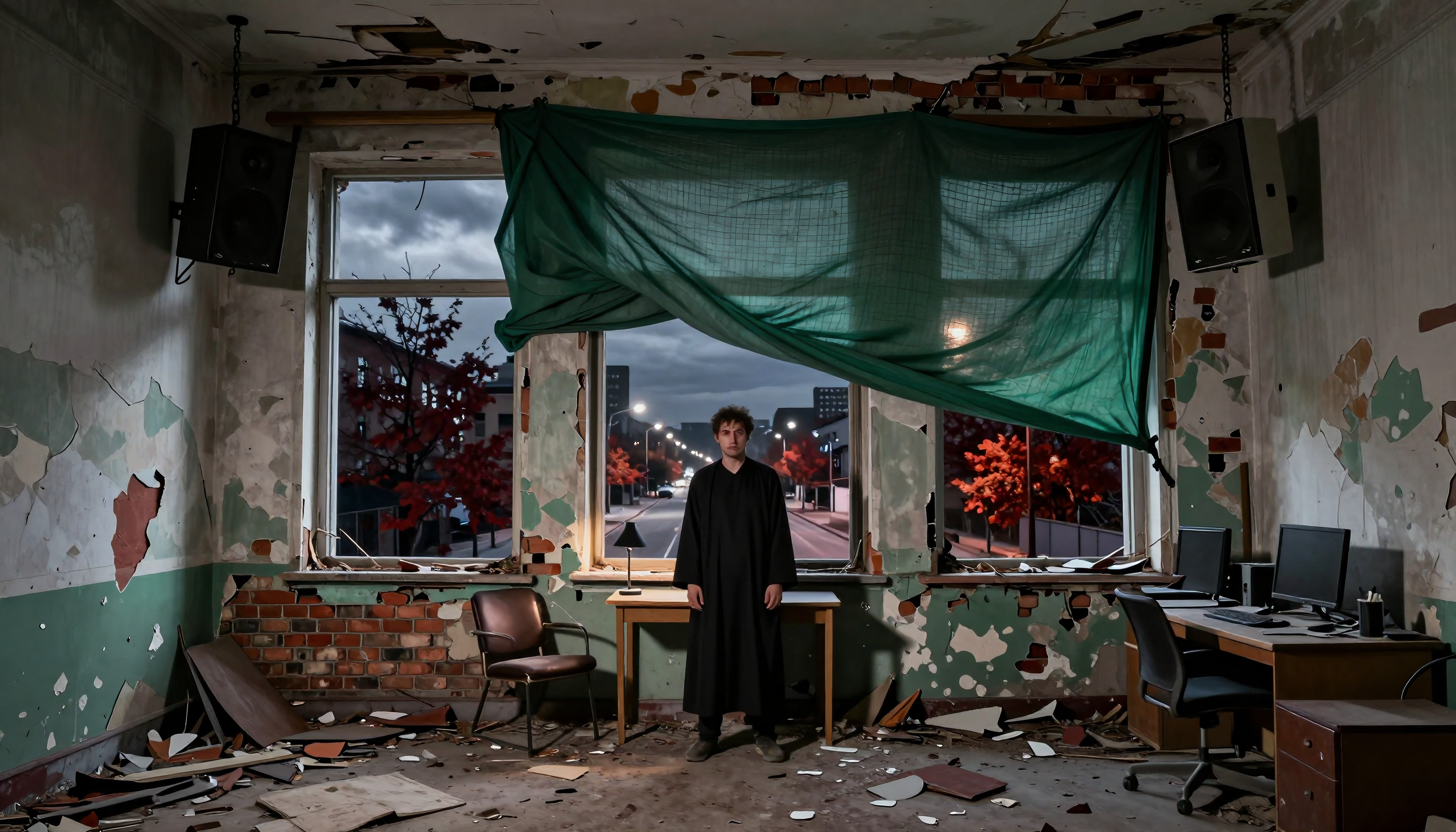 Person in Black Robe Standing in Abandoned Office
