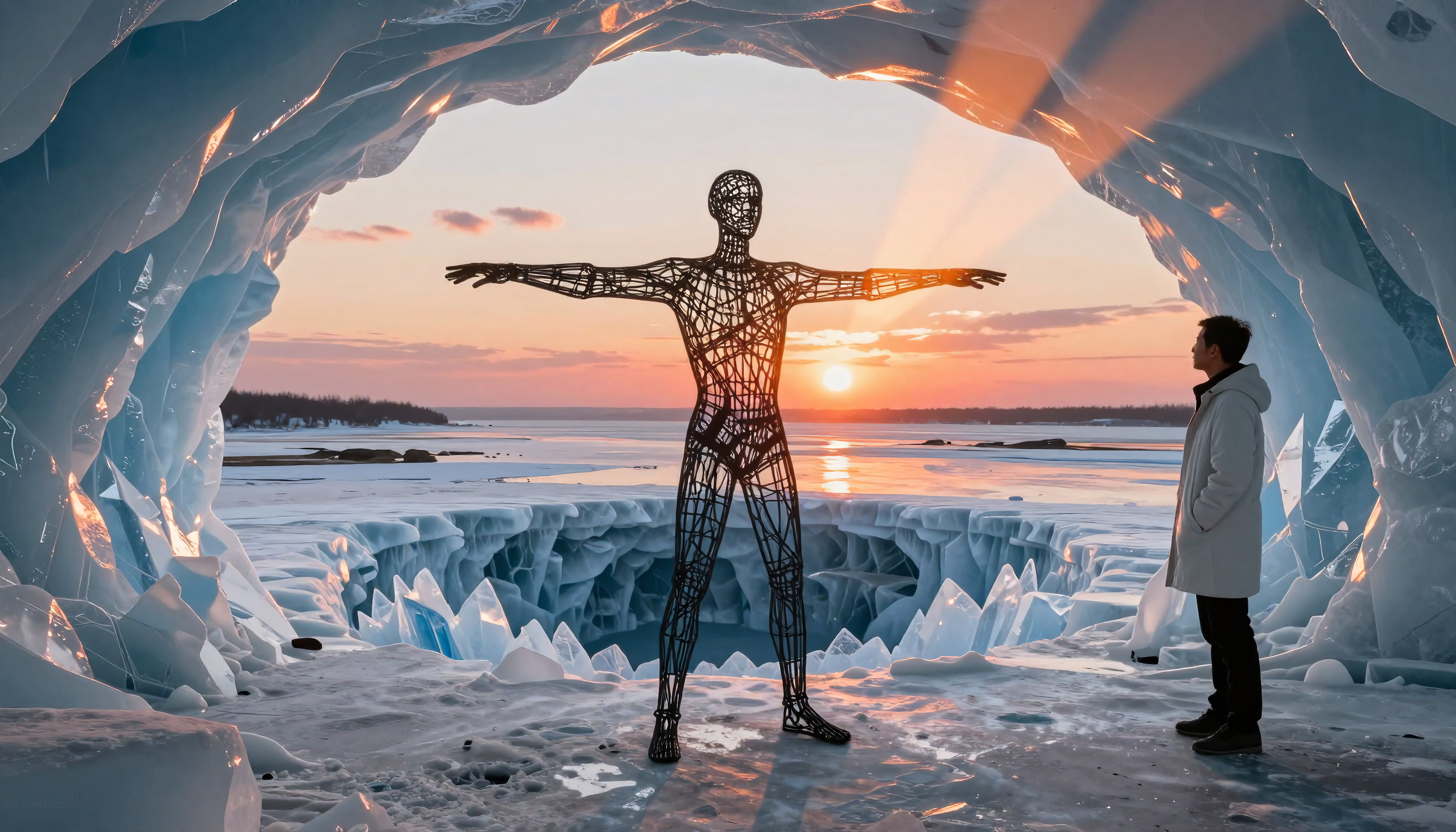 Ice Cave with Wireframe Figure Silhouette