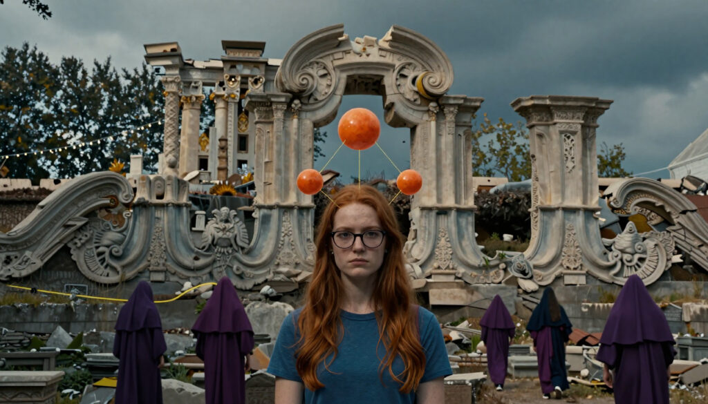 Woman with floating orbs before ornate ruins and robed figures