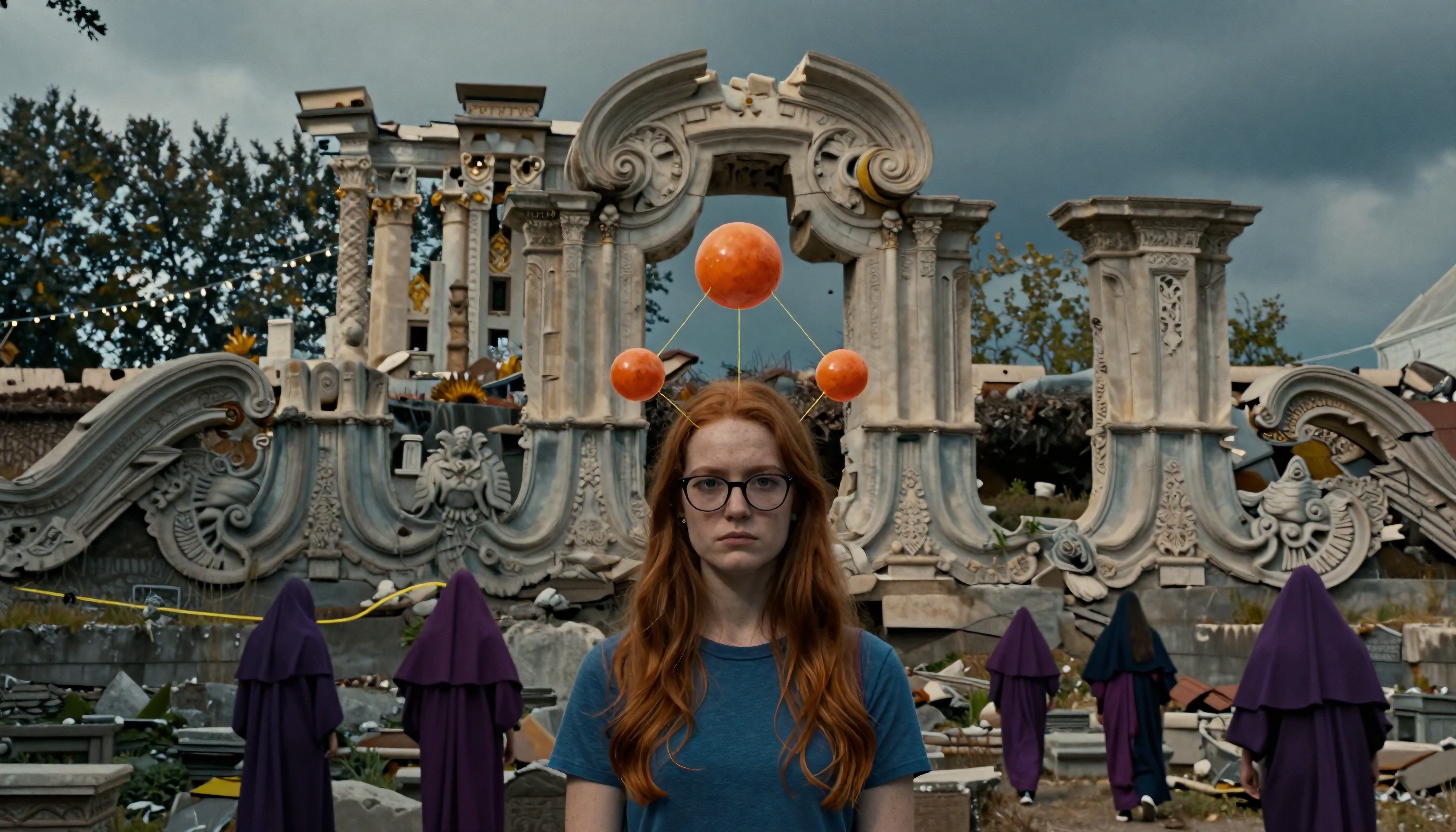 Woman with floating orbs before ornate ruins