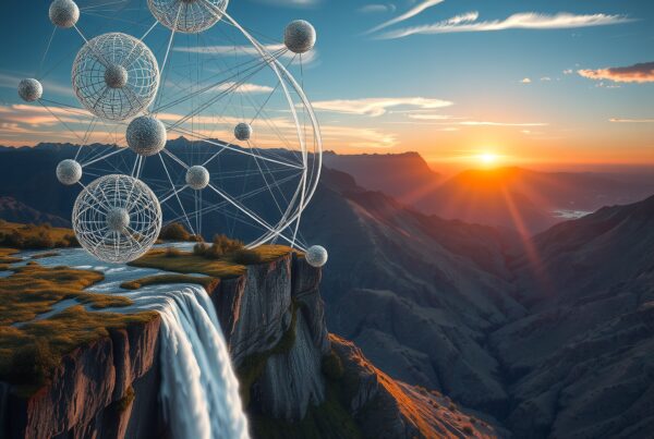 A breathtaking sunset with futuristic metallic spheres suspended above a cliff, cascading into a stunning valley.