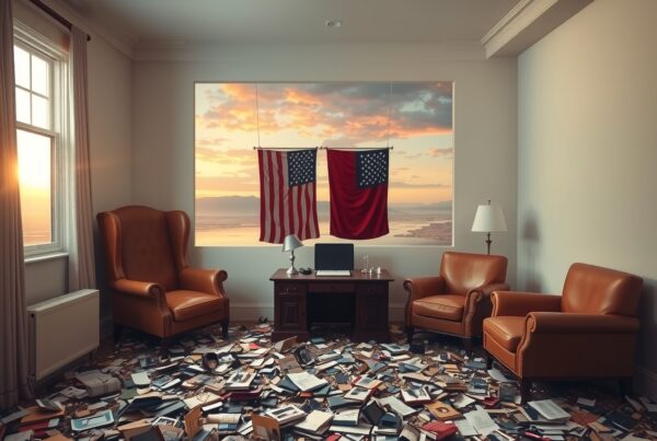 Exterior of a city building adorned with intricate geometric mural patterns and vibrant urban scenery.