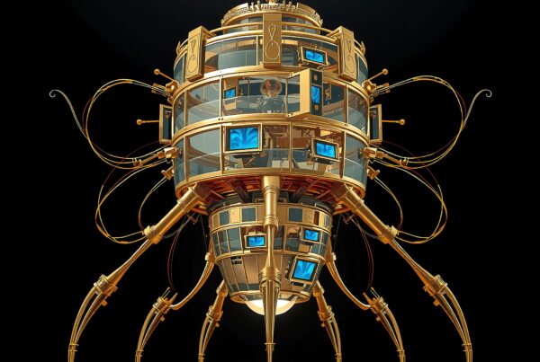 Futuristic golden machine resembling spacecraft with blue screens and intricate design against black background.