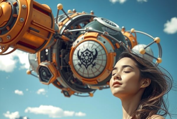 A young woman stands calmly beneath a futuristic aircraft against a scenic mountain backdrop.