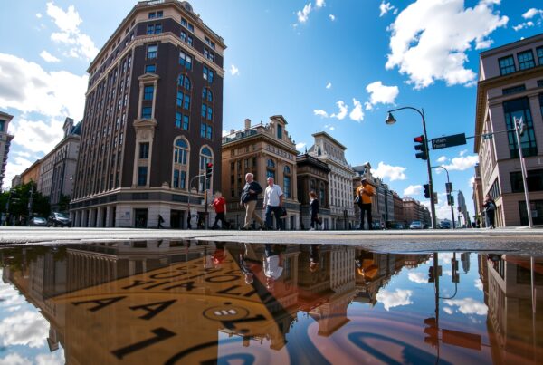 Urban street scene with pedestrians and architecture reflected in puddle.