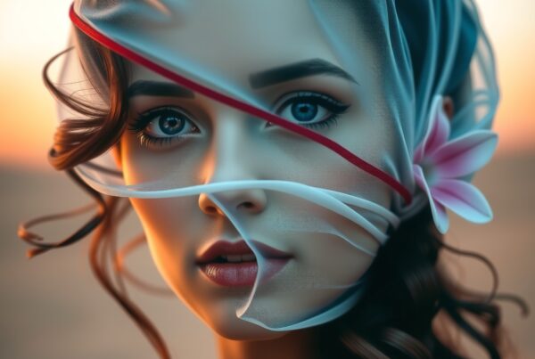 Close-up portrait of a woman with a translucent veil and pink flower, exuding mystery and beauty.