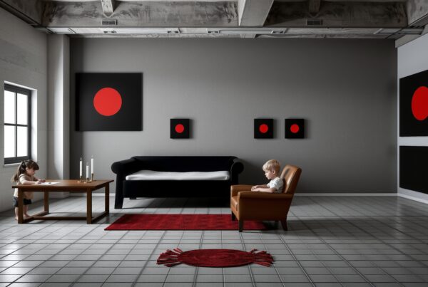 A minimalist living room with children, featuring modern art and simple decor settings.