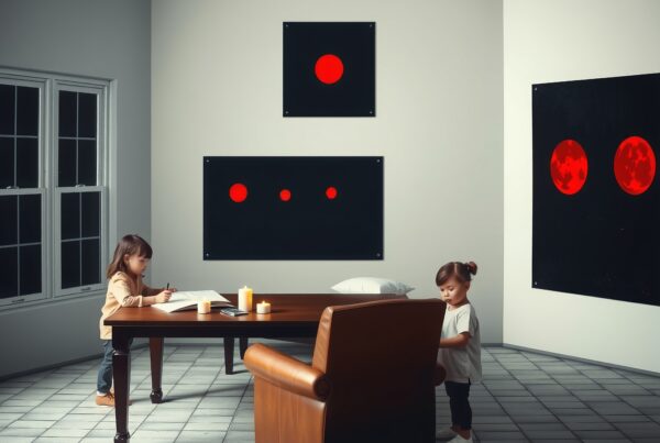 Two children, modern room with art, engaging activities.