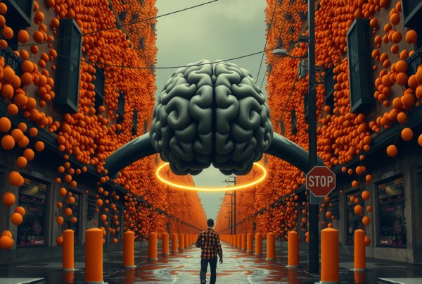 A surreal city street with orange sphere-covered buildings and a giant floating brain sculpture.