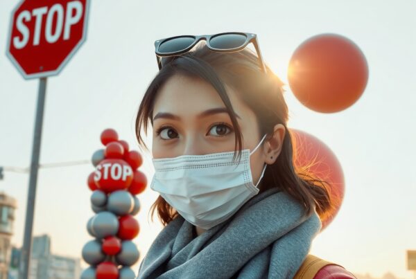 A woman wearing a mask and scarf stands near a stop sign at sunset.