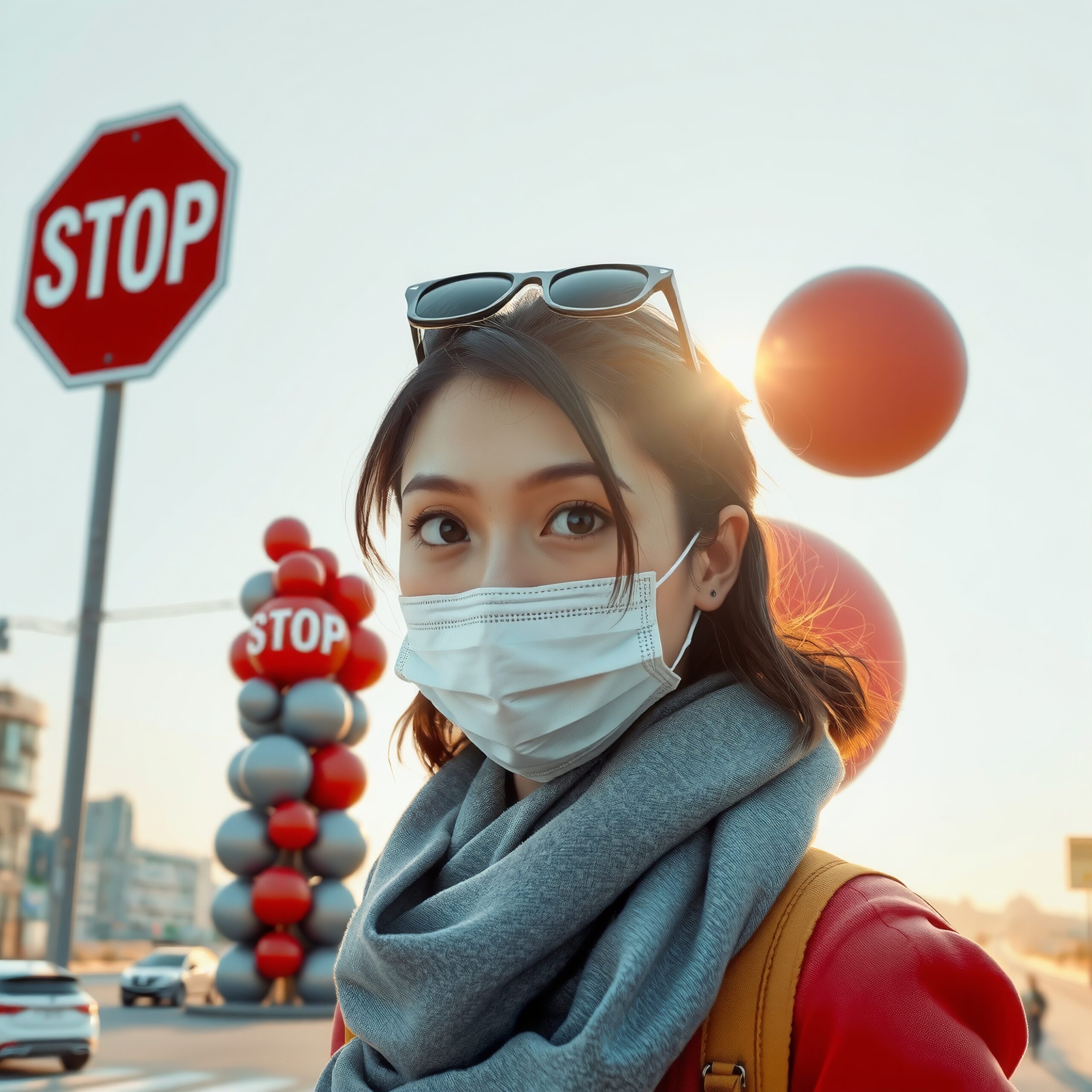Masked Woman in Urban Sunset