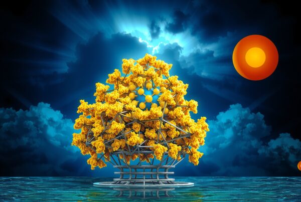A futuristic metallic structure with yellow clusters under a vivid blue sky, surrounded by clouds and an orange sun.