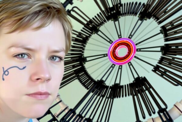 A young person with a blue marking stands before a complex circular structure featuring a vivid pink ring.