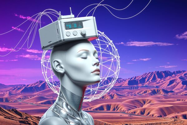 A futuristic humanoid with electronic enhancements stands in a surreal, purple landscape, evoking tranquility.