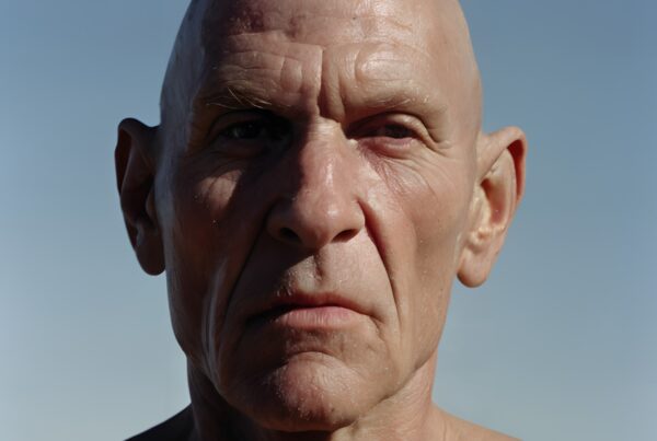 Close-up portrait of intense elderly man against blue sky.