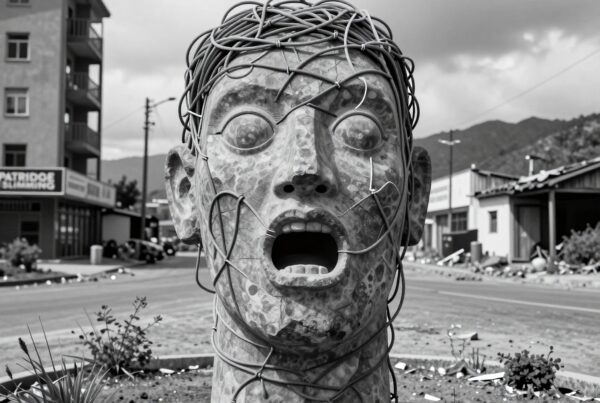 Monochrome sculpture of a human head with wires in an urban setting.