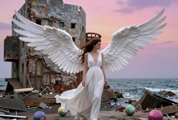 An angelic woman in white stands on a beach with wings outstretched, surrounded by ruins and colorful celestial spheres against a dramatic sunset sky.