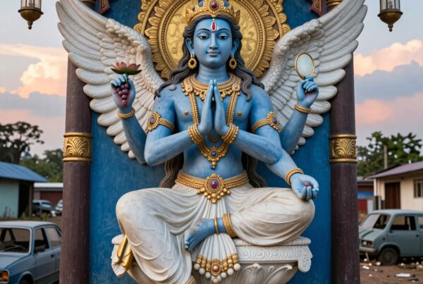 A stunning blue-skinned deity statue with wings, seated in meditation holding symbolic objects against a twilight sky.