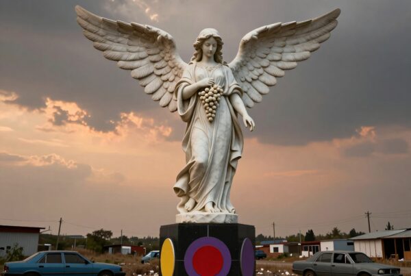 Serene angel statue at sunset with colorful platform and urban backdrop.