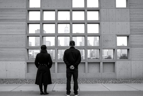 A grayscale photo of two individuals facing a concrete wall with square windows revealing a city skyline beyond.
