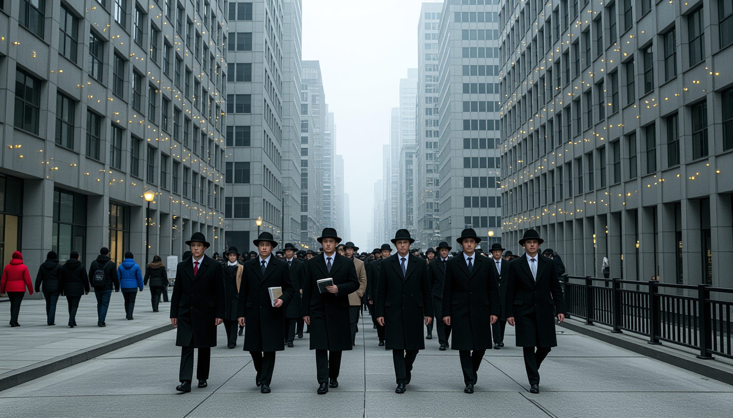 Businessmen Walking Through an Urban Corridor