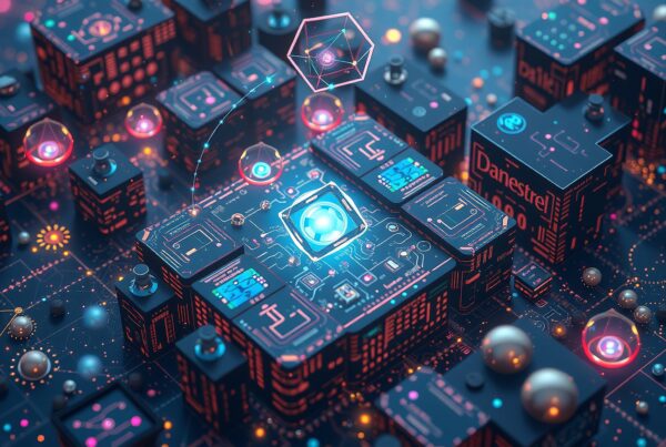 A futuristic, digital cyber cityscape with glowing cubes and circuitry.