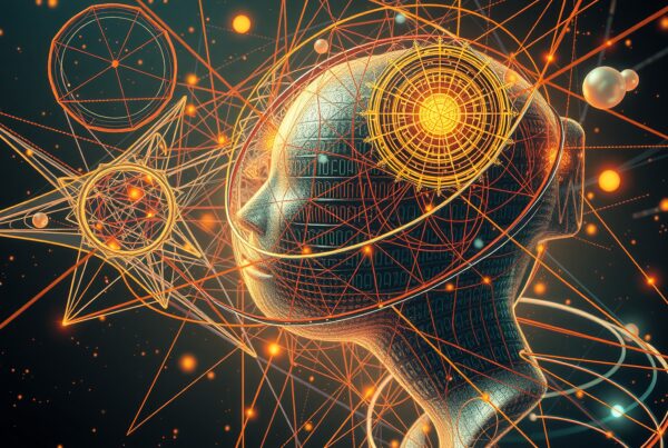 Futuristic humanoid with digital, geometric patterns symbolizing AI.