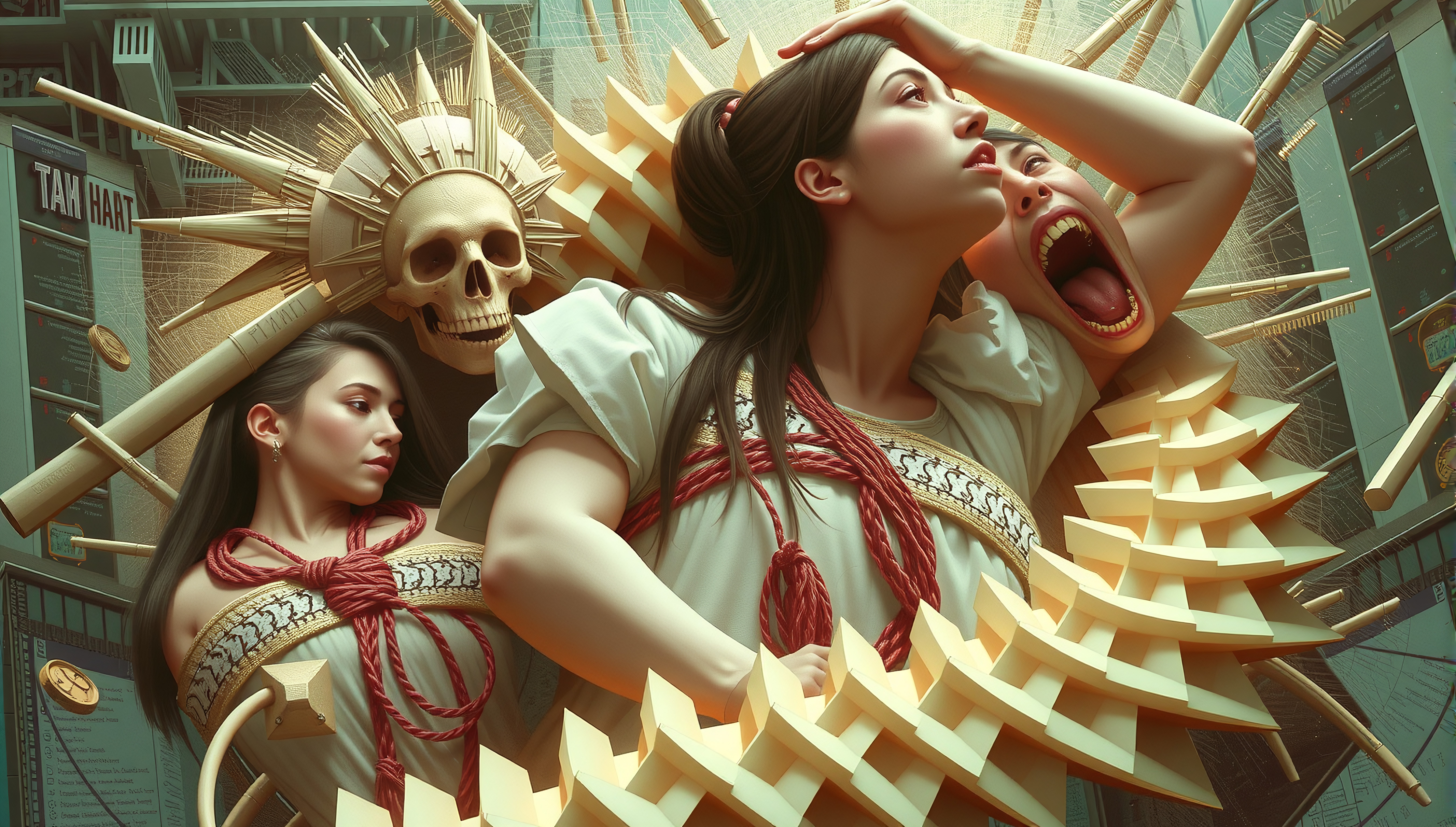 Urban Collage With Women, Skull and Structures