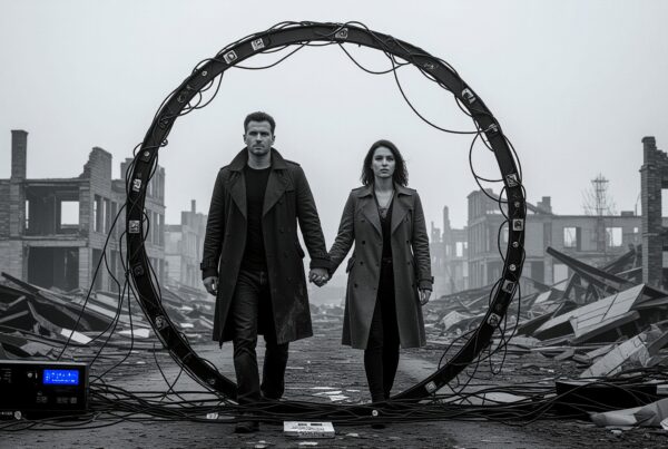A man and woman stand holding hands in a desolate, dystopian scene with a futuristic metal ring and ruins in the background.