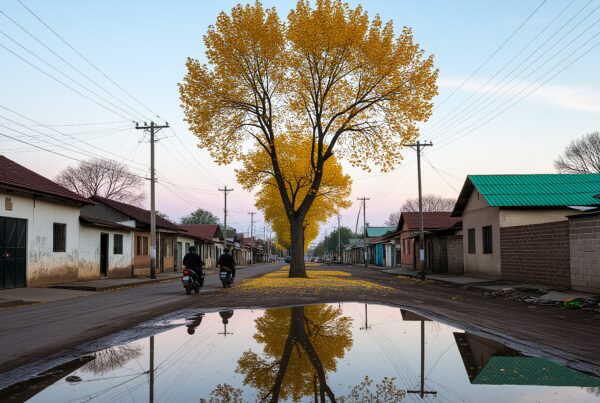 A peaceful street scene with a large yellow-leafed tree and its reflection in a puddle, flanked by houses.