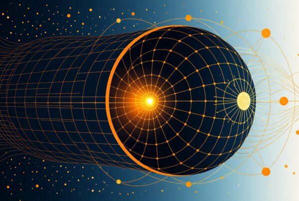 Abstract digital art with orange grid lines converging towards a bright center.