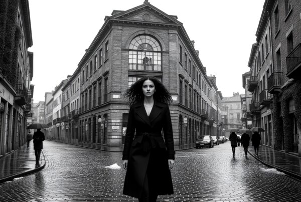 A woman walks on a historic cobblestone street in black and white.