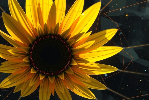A vibrant sunflower with yellow petals against a cosmic geometric background, merging nature and sci-fi themes.