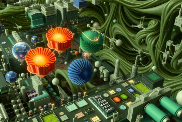 Futuristic digital landscape with colorful abstract structures.